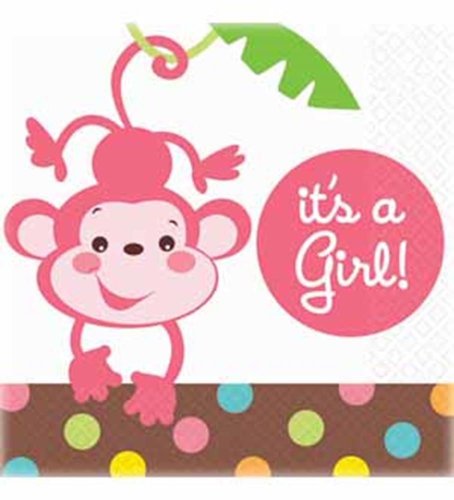 Pink cartoon monkey holding green leaf with “It’s a Girl!” in white script on pink circle, polka dot border.
