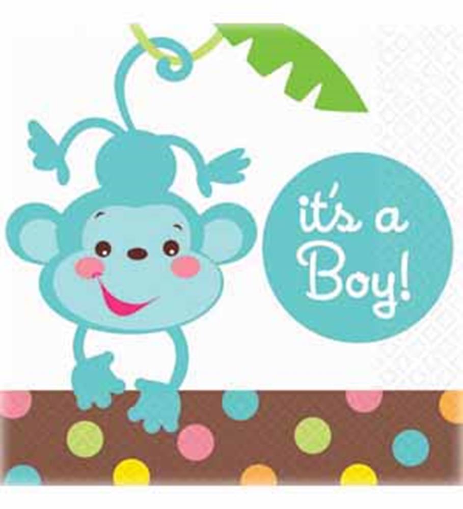 Blue cartoon monkey hanging from green leaf, pink cheeks, smiling, with "It's a Boy!" in white script on blue circle, brown.