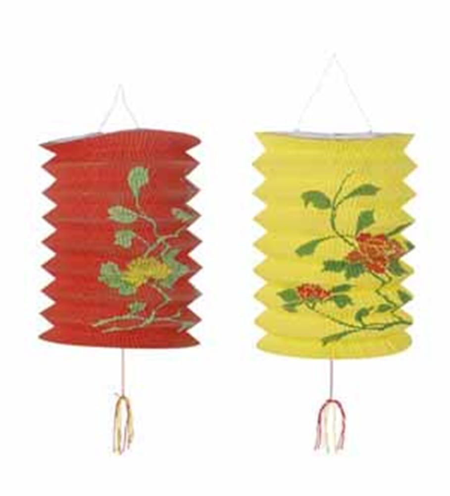 Red and yellow paper Chinese lanterns with floral designs and tassels, hanging decorations for parties.