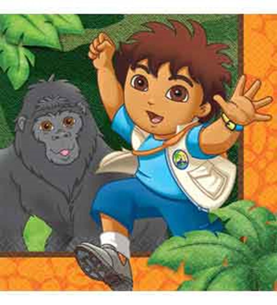 Colorful napkin featuring animated boy in blue outfit waving, standing next to a friendly gorilla with green leafy.