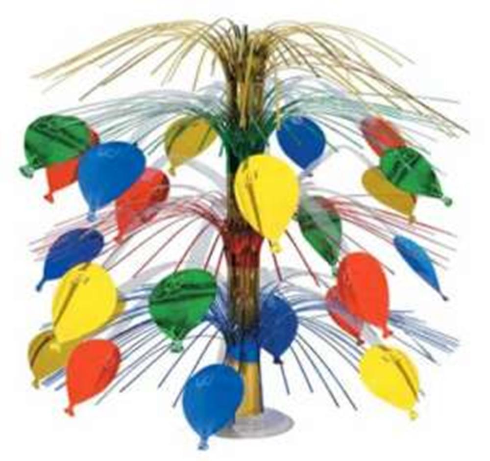 Colorful metallic foil balloons shaped like water droplets arranged in a cascade with gold and silver tinsel accents.