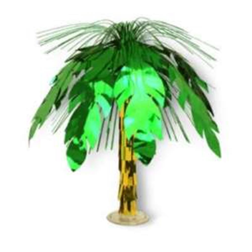 Green metallic palm tree centerpiece with cascading leaves and a gold trunk base.