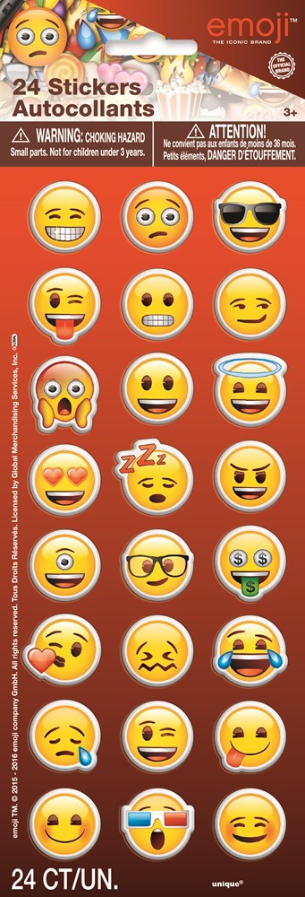 Sheet of 24 colorful puffy emoji face stickers with various expressions on a brown backing card.