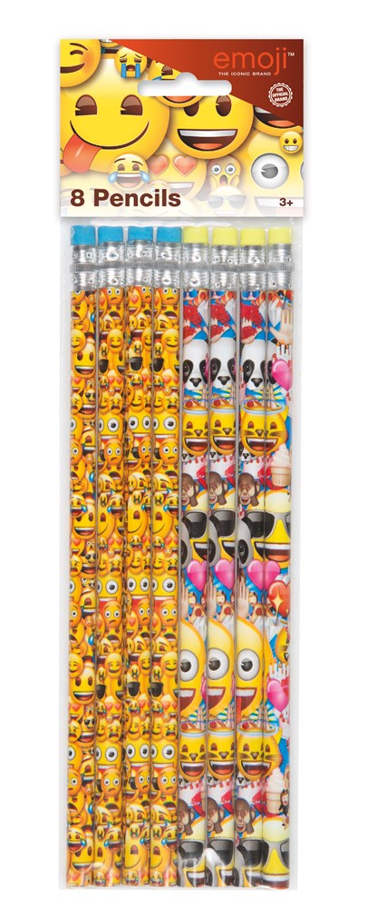 Set of 8 wooden pencils with colorful emoji and cartoon character designs and white erasers on top.