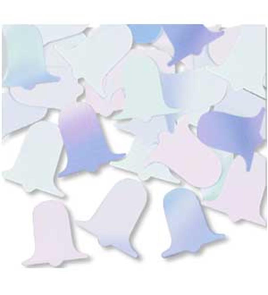 Pastel-colored bell-shaped confetti pieces in soft pink, blue, and lavender shades.