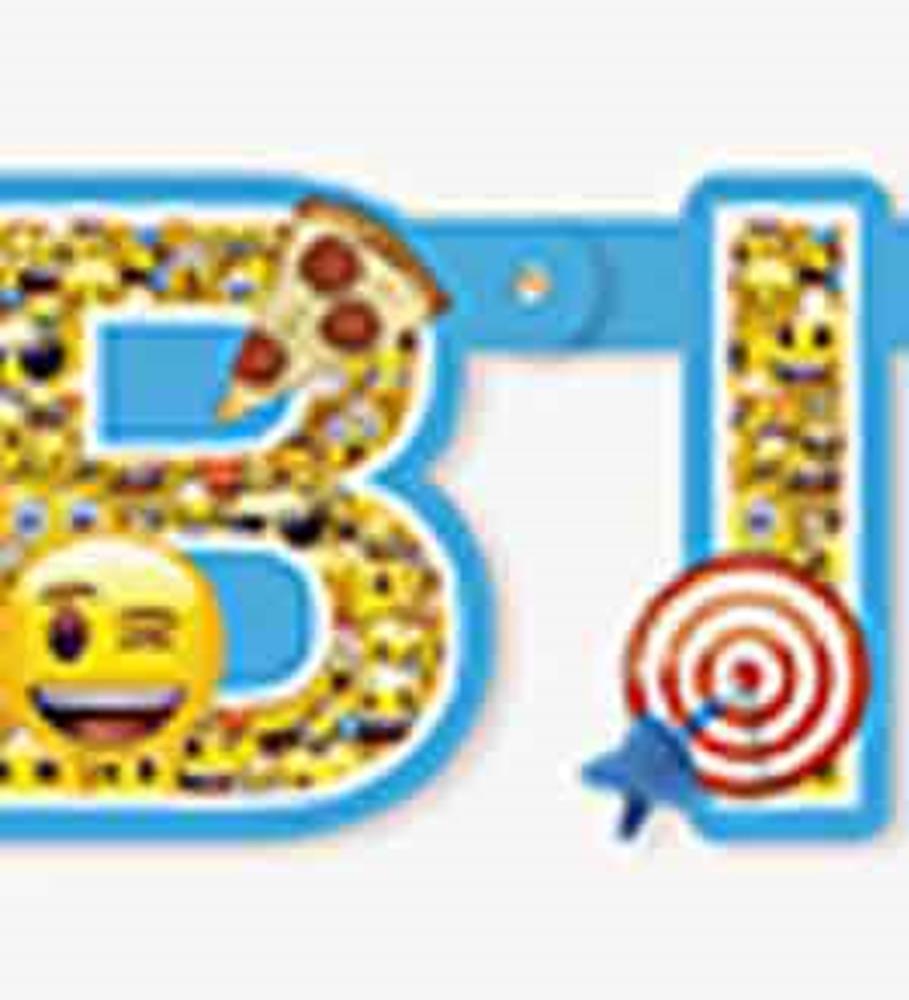 Large jointed banner with blue border featuring emoji faces, pizza slice, and target designs.