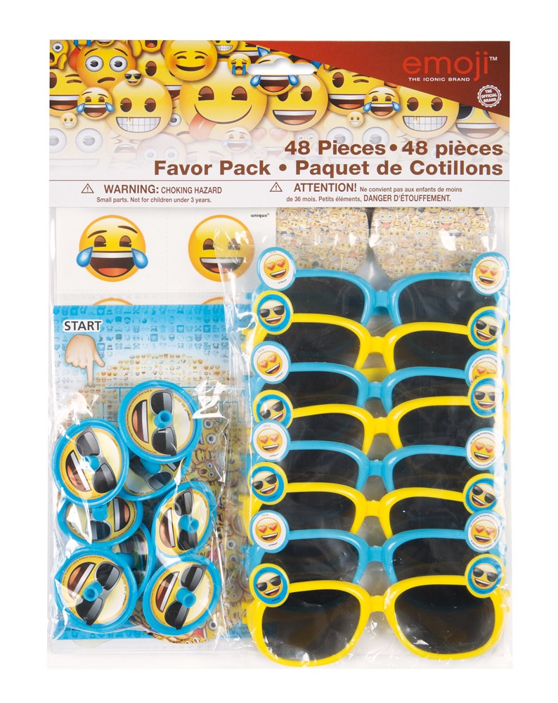 48-piece emoji-themed favor pack with blue and yellow sunglasses and emoji face stickers.