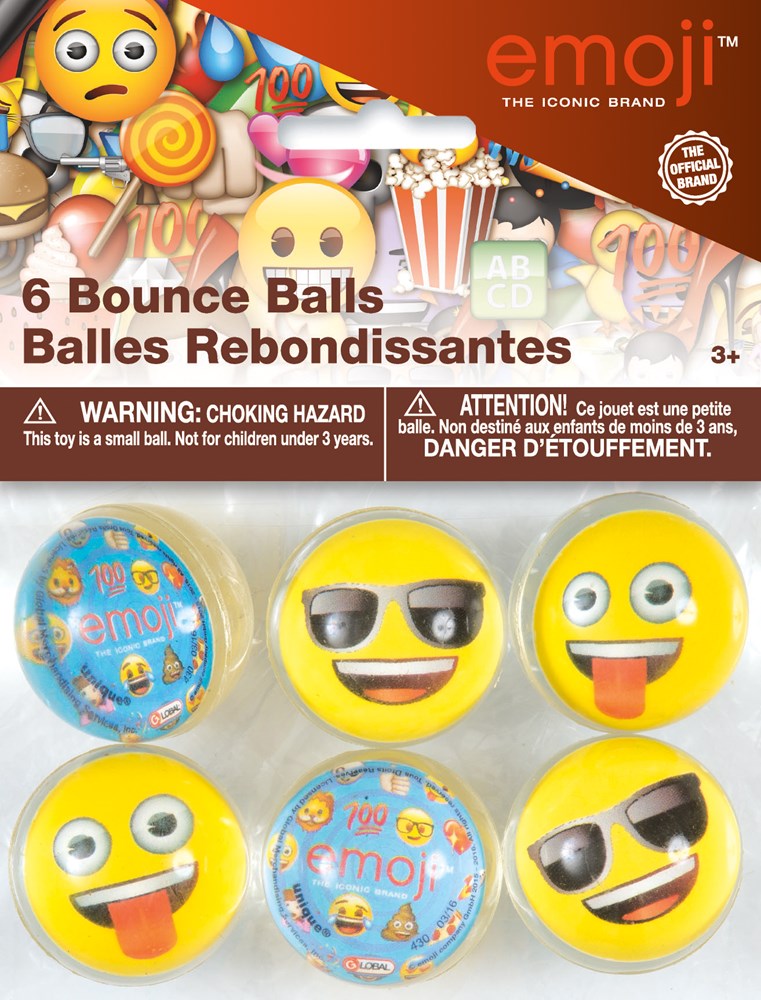 Set of six round yellow emoji-themed bounce balls with various facial expressions and colorful emoji patterns.