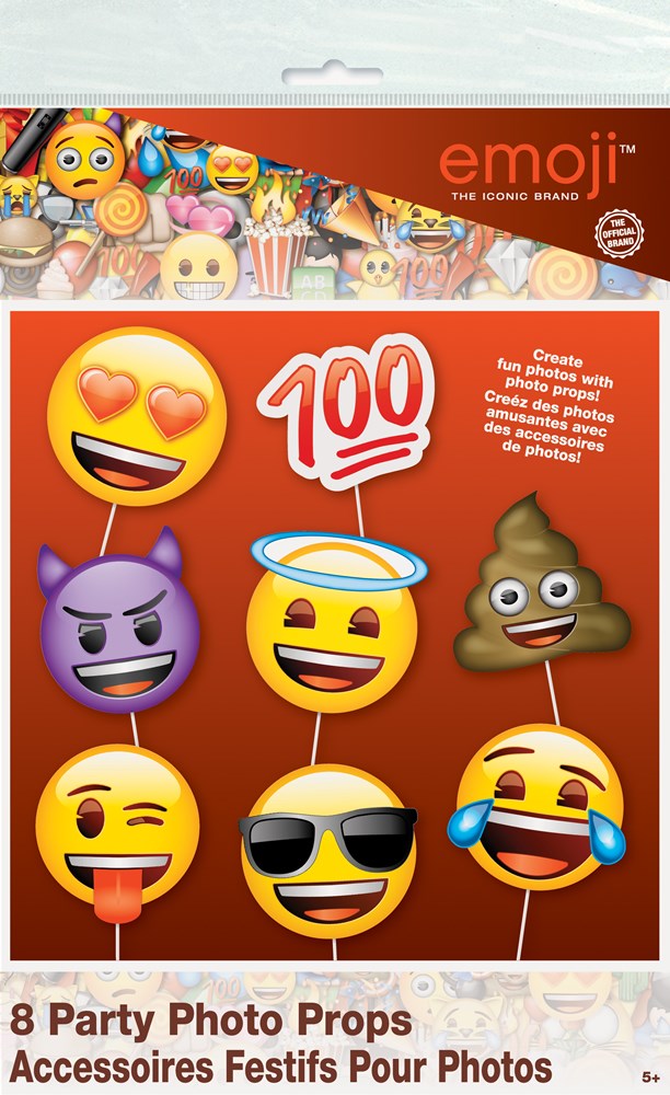 Set of 8 colorful emoji photo props on sticks featuring smiley faces, sunglasses, devil, halo, poop, and laughing icons.