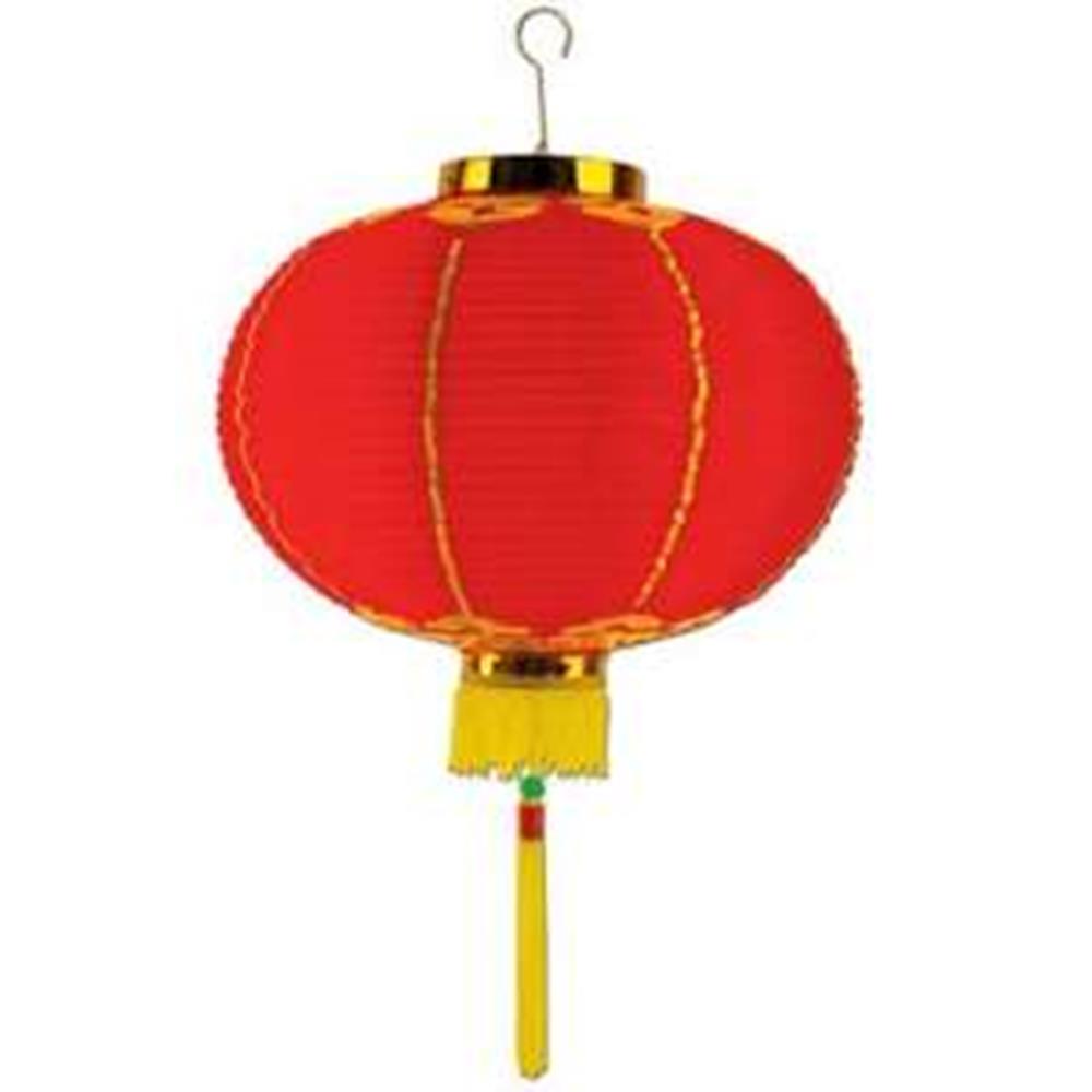 Red round paper lantern with gold trim, yellow tassel, and hanging hook.