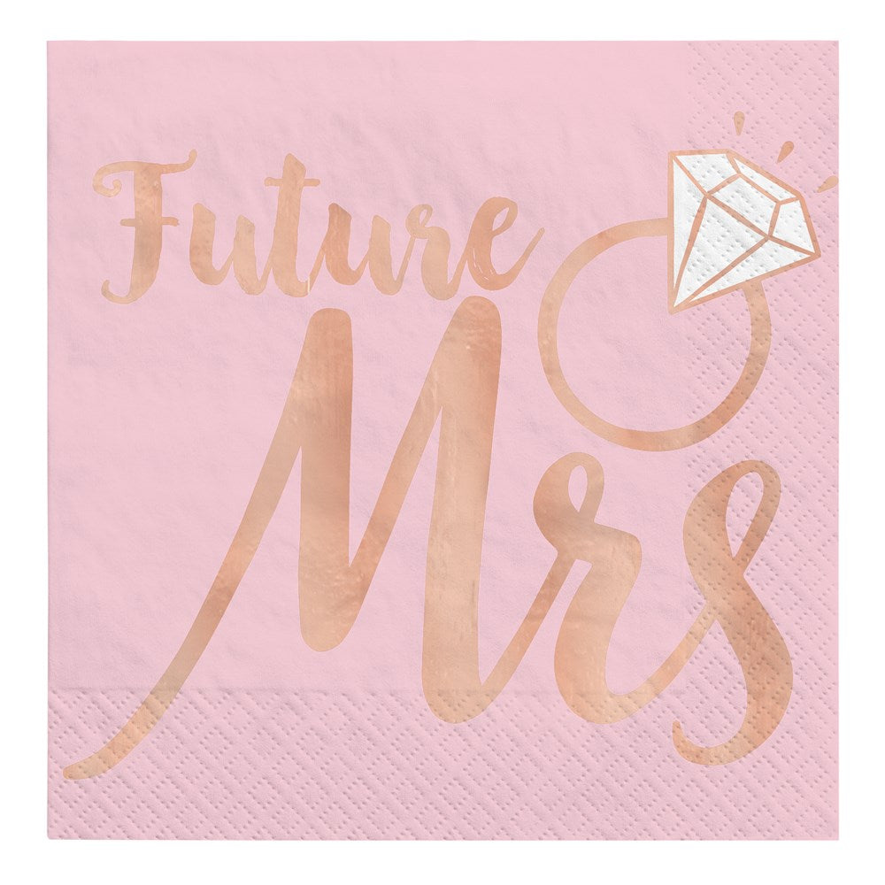 Blush pink square napkin with gold foil "Future Mrs" text and diamond ring graphic in top right corner.