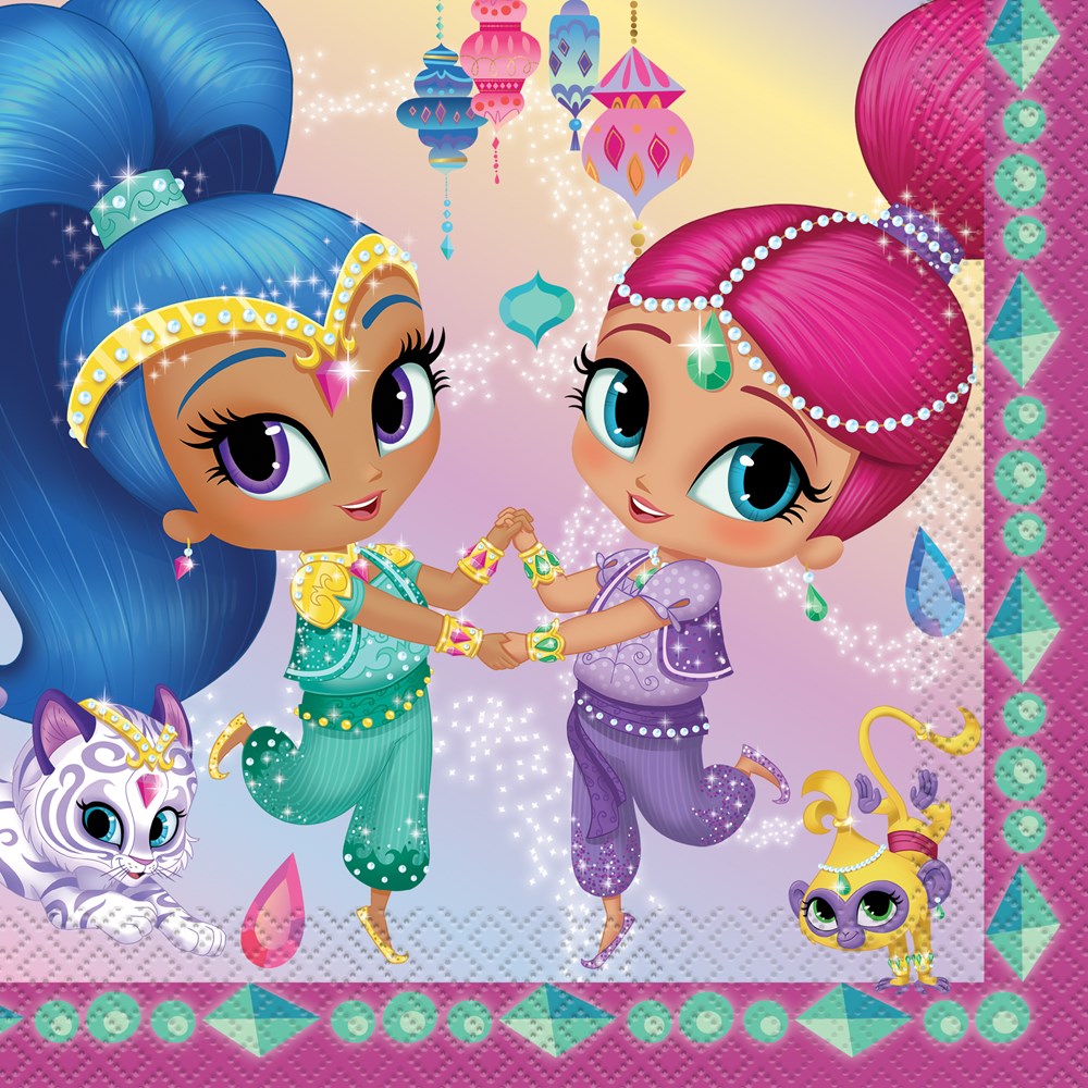 Colorful rectangular kids' napkin featuring two animated girls in sparkly blue and purple outfits with jeweled headbands,.