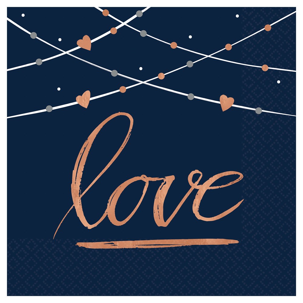 Navy blue beverage napkin with rose gold calligraphy "love" and string lights with hearts design.