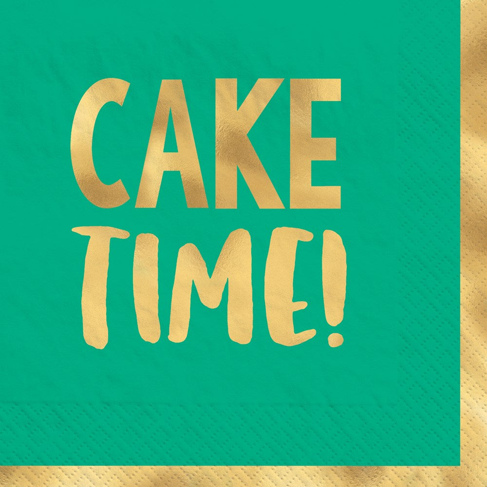 Green beverage napkin with gold foil text reading "CAKE TIME!" and textured border pattern.