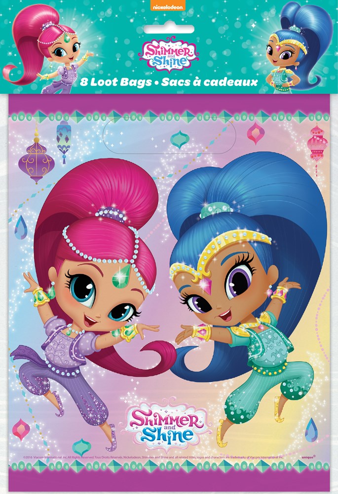 Set of eight Shimmer and Shine loot bags featuring cartoon genies with pink and blue hair on a sparkling teal background.