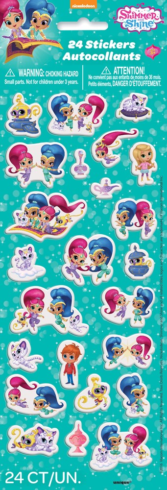 Colorful Shimmer and Shine Puffy Sticker Sheet with 24 vibrant genie character stickers on teal background.