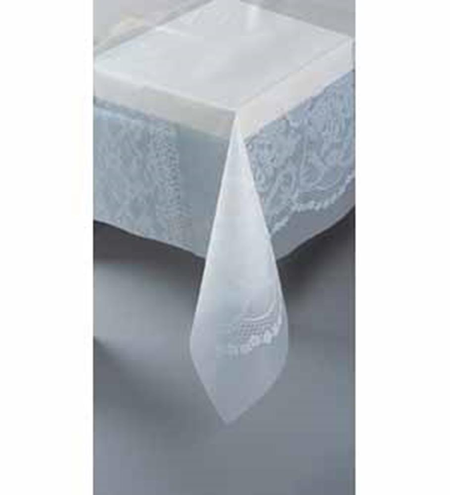 Bright white rectangular tablecover with intricate lace edges and floral patterns.
