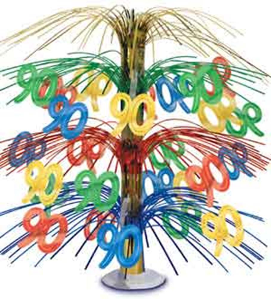 Colorful metallic foil centerpiece with cascading "90" number cutouts in blue, green, yellow, and red on gold and green foil