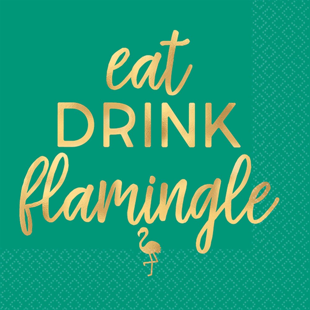 Teal cocktail napkin with gold foil text "eat DRINK flamingo" and small flamingo icon at the bottom center.