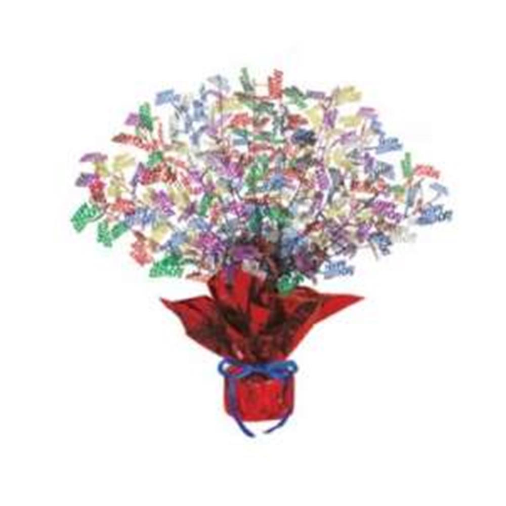 Colorful metallic foil burst centerpiece with curling ribbons and confetti shapes in red foil base wrapped with bow.