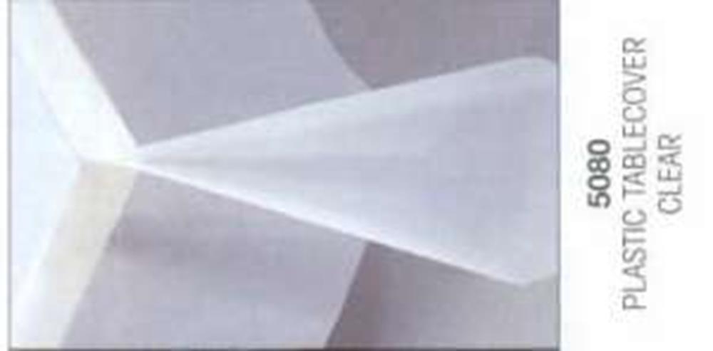 Clear rectangular plastic tablecover measuring 54x108 inches with smooth, transparent surface and folded edges.