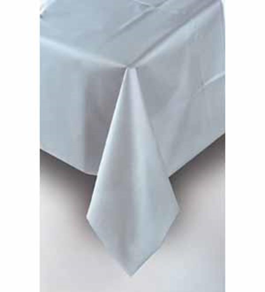 Silver rectangular plastic table cover draped over a table corner with a smooth, shiny surface.