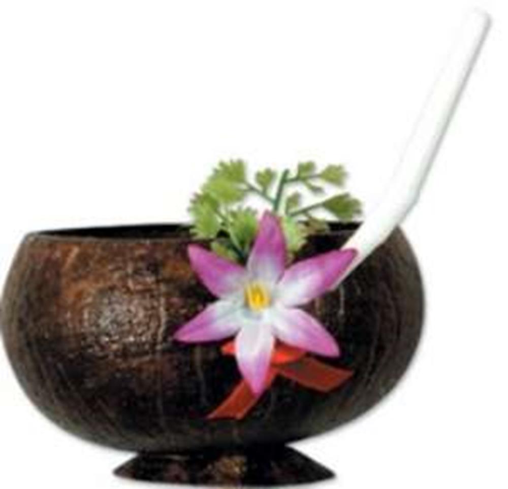 Dark brown polished coconut shell cup with a white spoon, decorated with a pink and white flower and green leaves.
