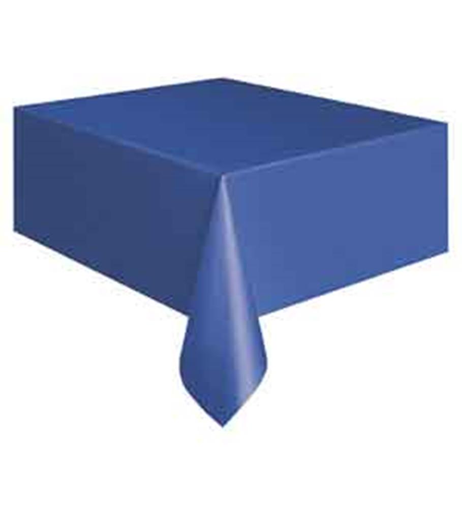 Royal blue rectangular tablecloth draped over a table with smooth fabric and clean edges.