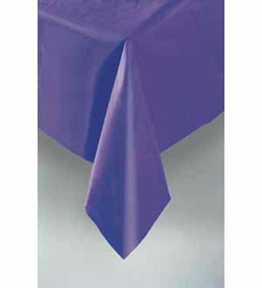 Deep purple rectangular tablecover with smooth fabric draping over edge.