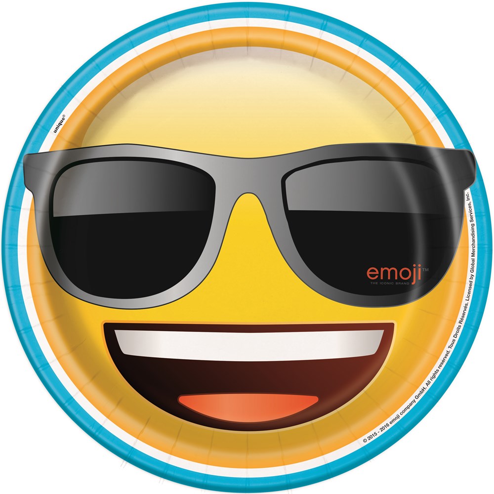 Round yellow paper plate with a smiling emoji wearing black sunglasses and a blue and orange rim.