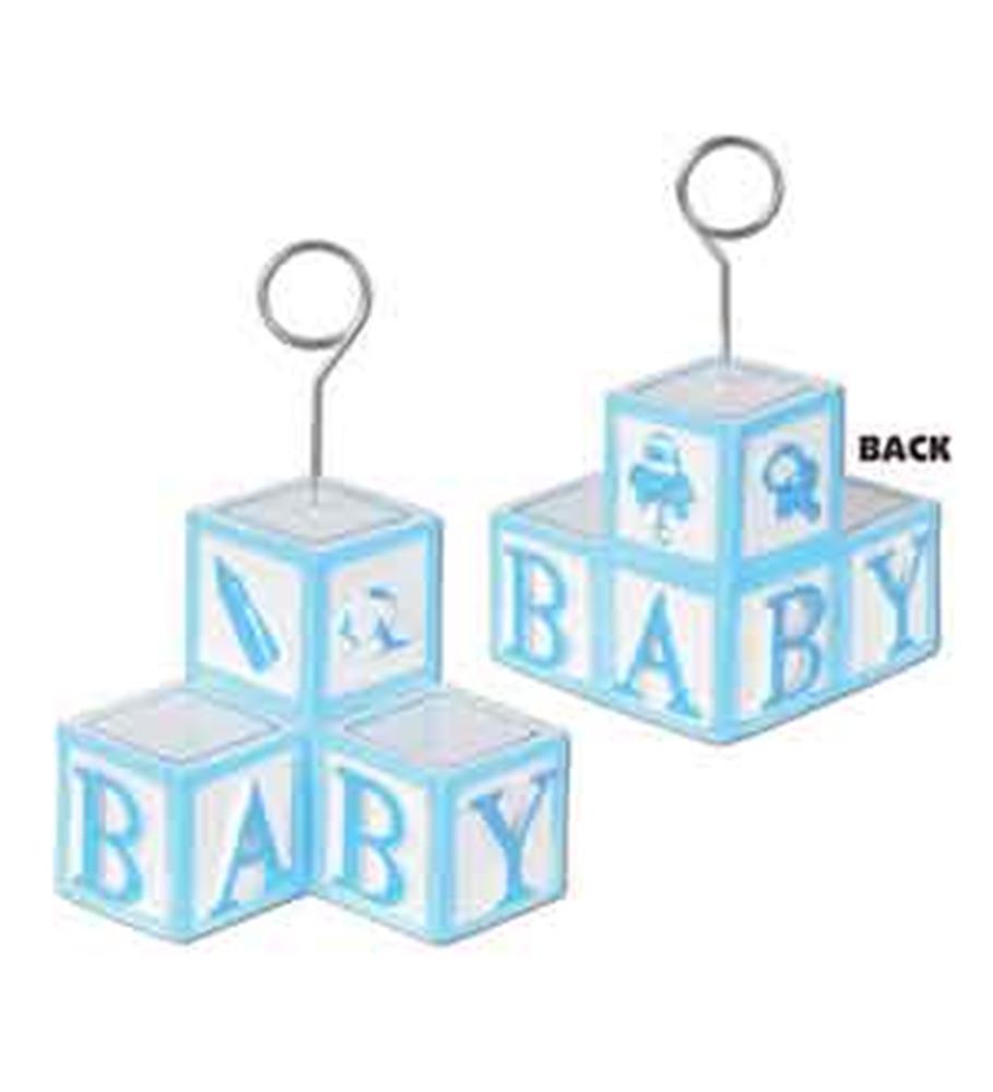 Blue and white wooden block photo holder with letter blocks spelling BABY and a metal loop for holding photos or cards.