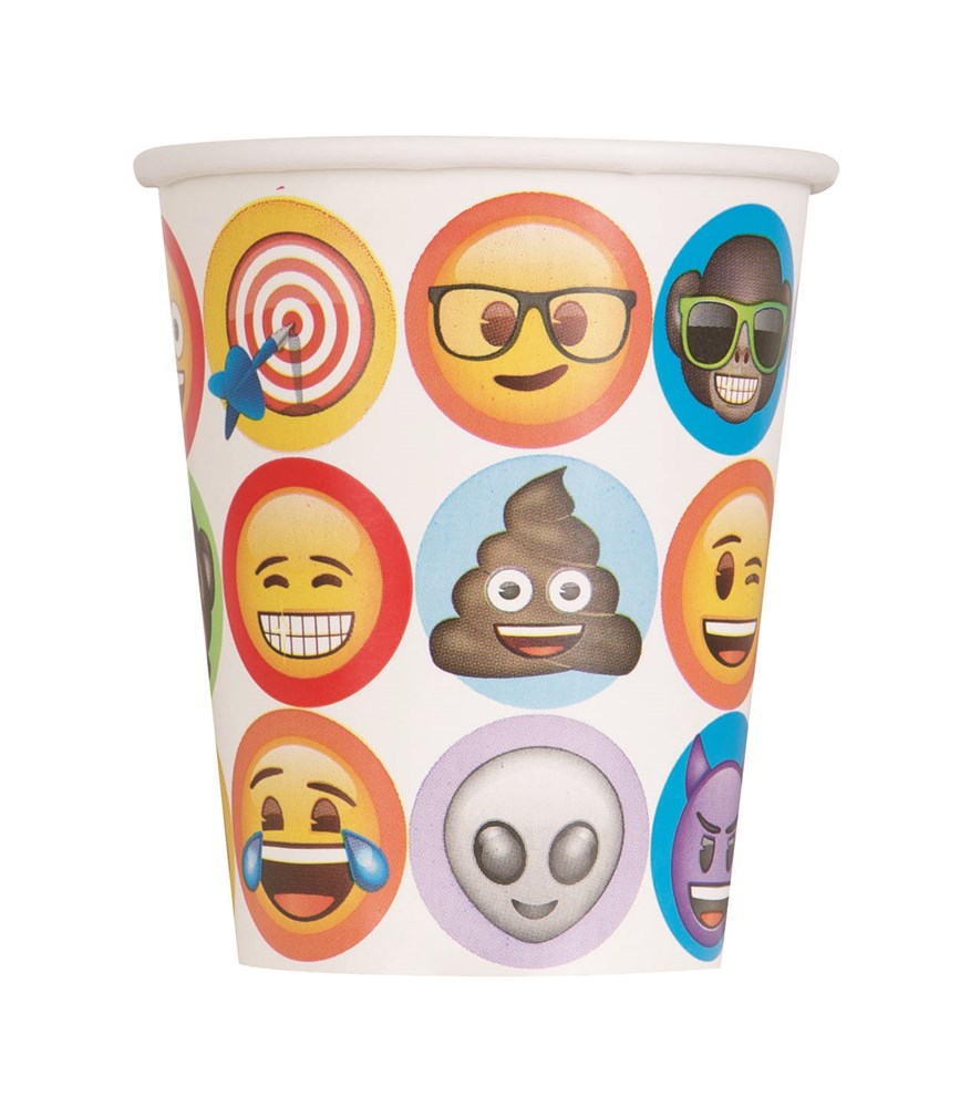 White paper cup decorated with colorful emoji faces including sunglasses, laughing, poop, and alien emojis.