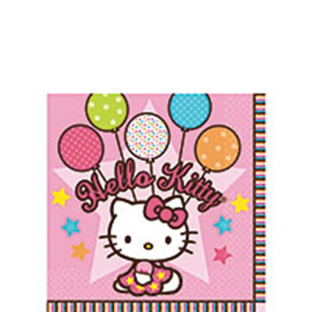 Pink Hello Kitty napkin with colorful polka dot balloons and stars, striped edge.