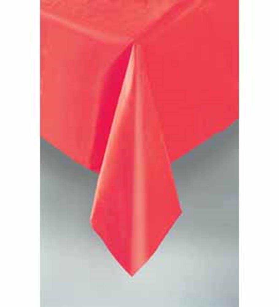 Ruby red rectangular plastic tablecover with smooth finish and draped corner.