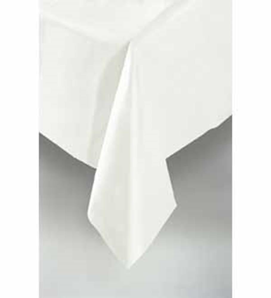 Bright white rectangular tablecloth draped on table corner with smooth, clean fabric.