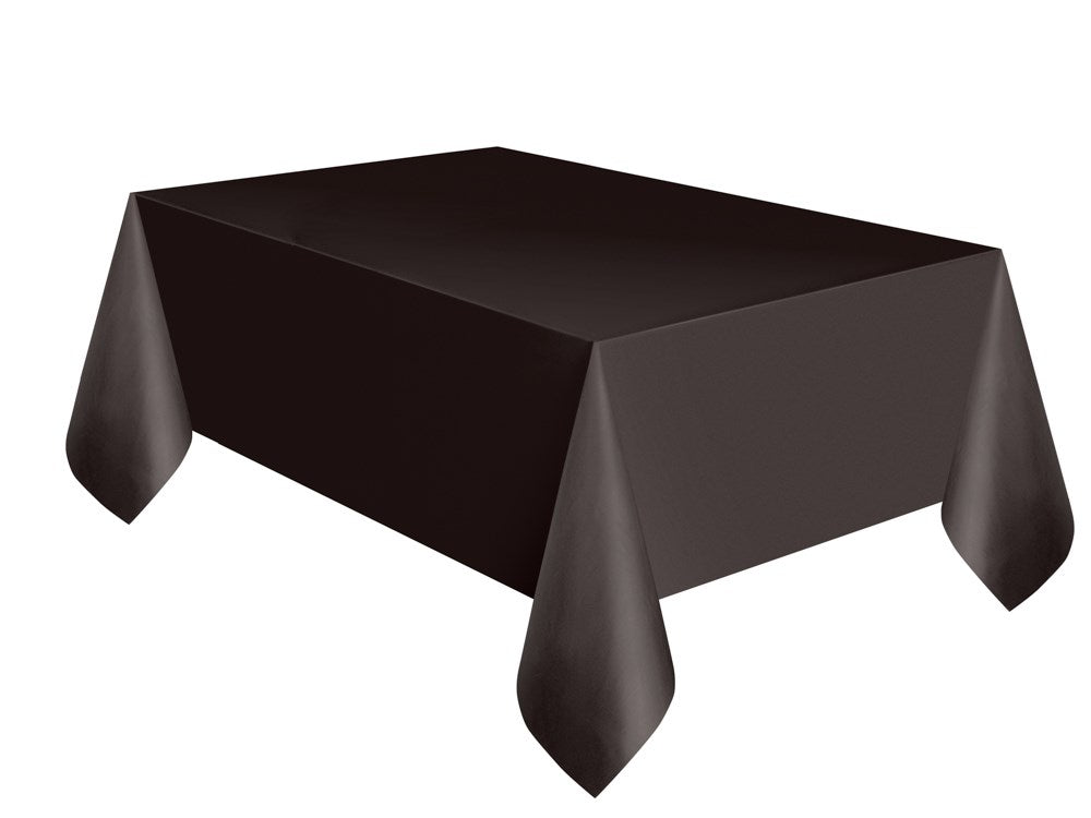 Rectangular black plastic tablecover with a smooth matte finish, designed for 54x108 inch tables.