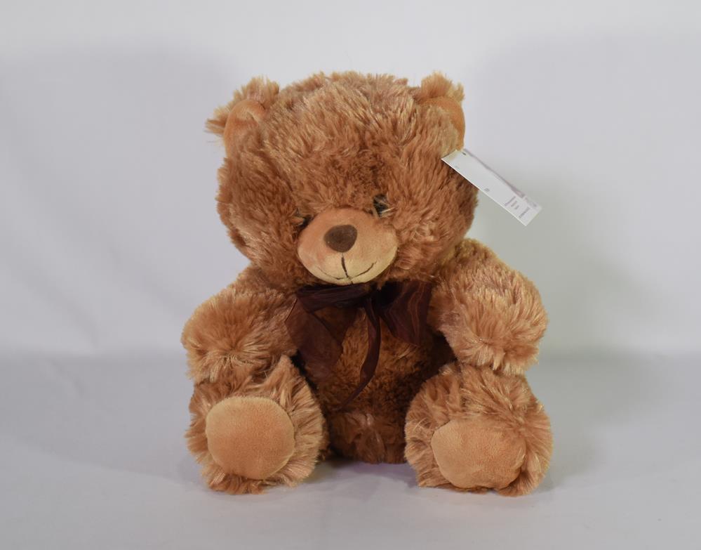 Soft brown plush teddy bear with light brown snout, paws, and dark brown bow around neck.