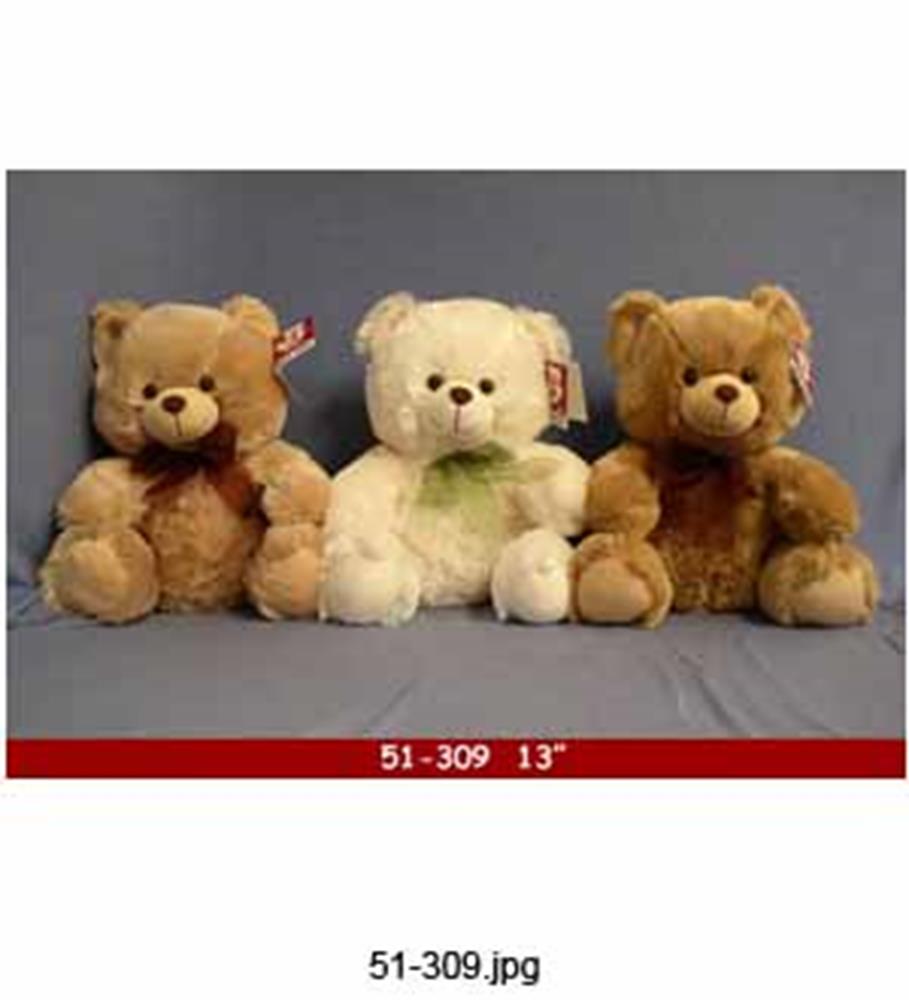 Three 13-inch plush teddy bears sitting side by side in brown, cream, and light brown colors with soft fur and ribbon bows.
