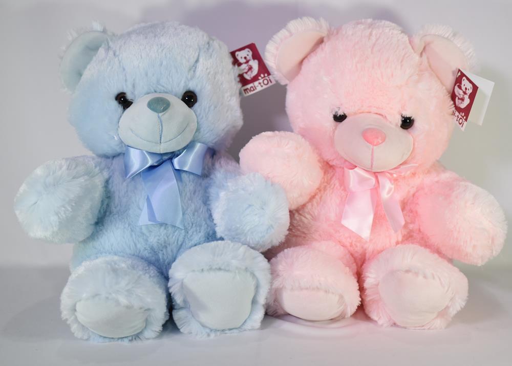 Soft plush teddy bears, one light blue with a bow tie, and one light pink with a bow tie, both 17 inches tall.