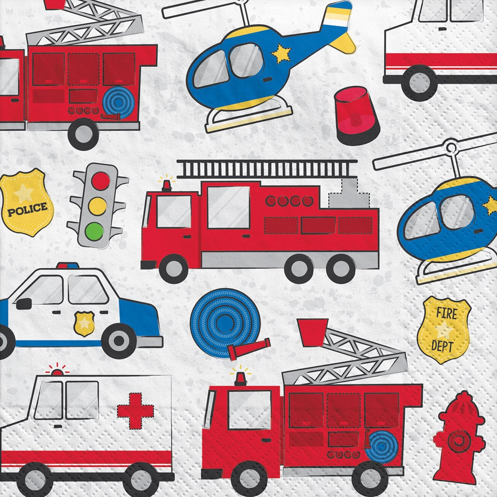 White paper napkin with colorful illustrations of fire trucks, police cars, ambulances, helicopters, traffic lights, and.