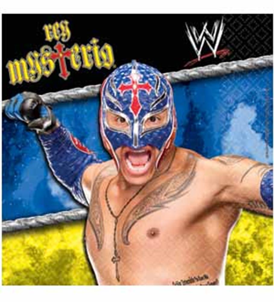 Colorful wrestling-themed napkin featuring a masked wrestler with outstretched arms and WWE logo.
