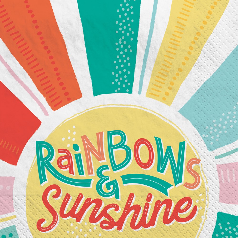 Colorful luncheon napkin with retro rainbow stripes and "Rainbows & Sunshine" text in multicolor and red cursive font.