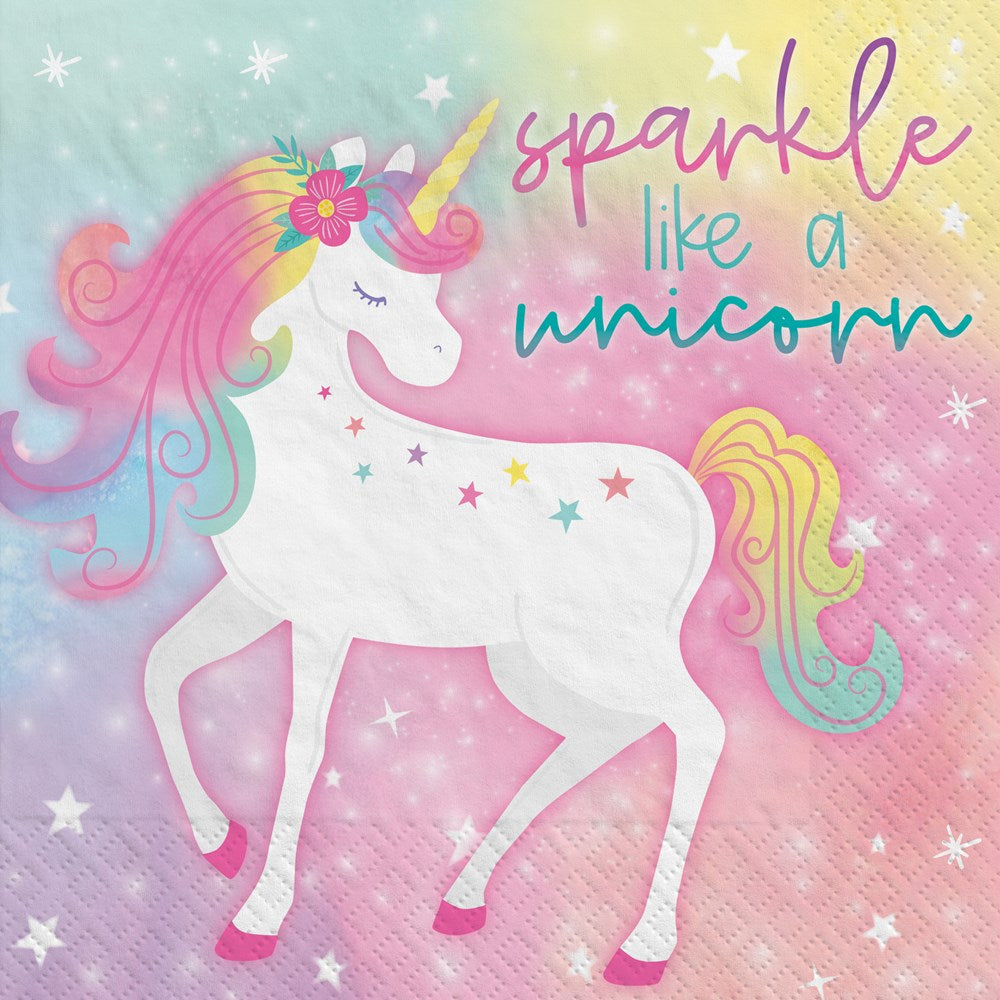 Square luncheon napkin with a white unicorn featuring a pink mane, rainbow tail, floral crown, and pastel stars on a.