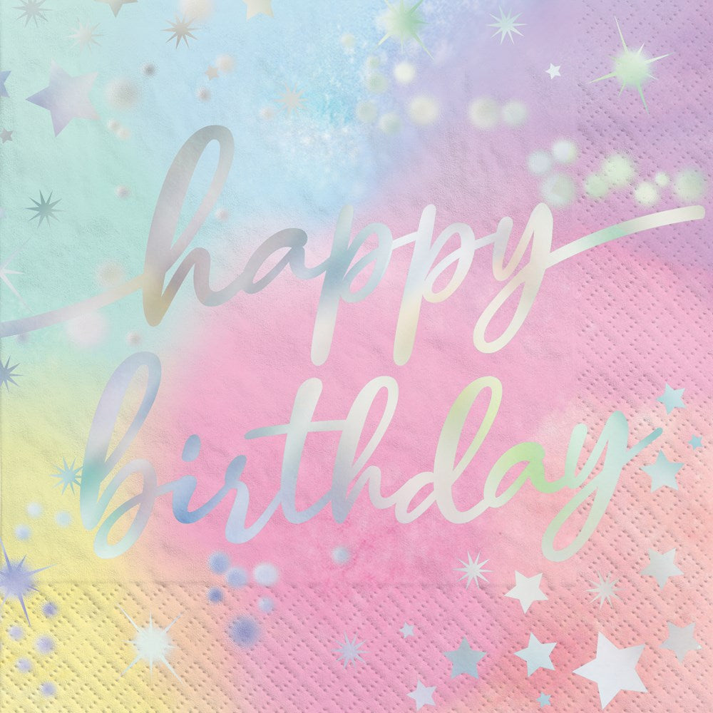 Pastel gradient luncheon napkin with silver hot-stamped "happy birthday" and star accents, 16ct pack.