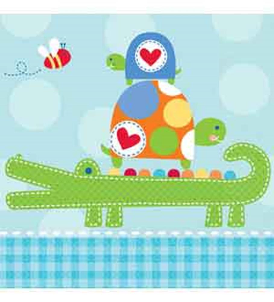 Stacked multicolored turtles with heart accents on a green alligator against a light blue polka dot background napkin.