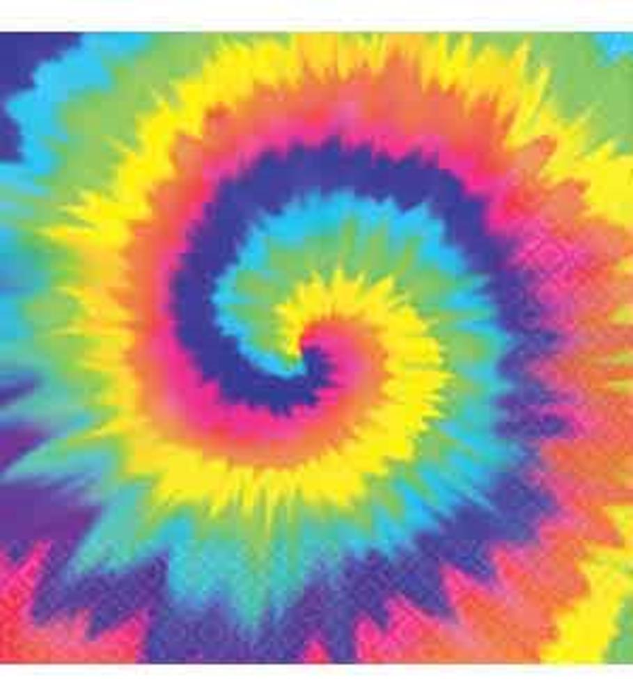 Large square napkin with vibrant tie-dye spiral pattern in bright yellow, blue, pink, and purple colors.