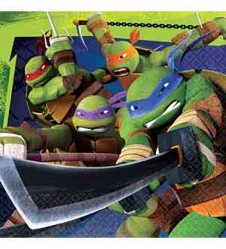 Set of Teenage Mutant Ninja Turtles paper napkins featuring vibrant green turtles with colored masks and weapons on a blue.