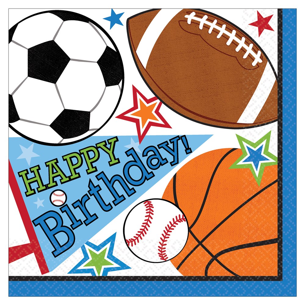 Square paper napkin with soccer ball, football, basketball, baseball, colorful stars, and "Happy Birthday!" text in blue and