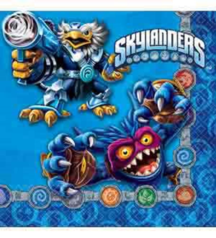 Blue paper napkin featuring colorful Skylanders characters and logo, 16-count pack.