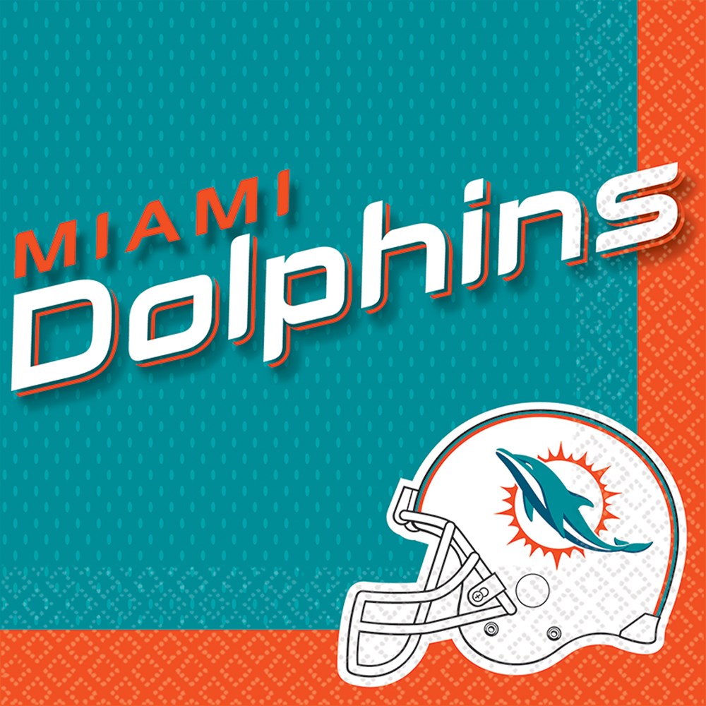 Pack of 16 teal and orange Miami Dolphins football luncheon napkins with team helmet logo and text.